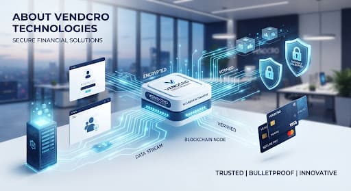 A high-fidelity digital art representation of secure data transfer in a modern corporate setting. Sleek navy blue and white aesthetic with glowing light blue circuit lines connecting abstract packages and credit cards. The atmosphere is professional, clean, and highly secure, representing bulletproof trust in a minimalist fintech style.